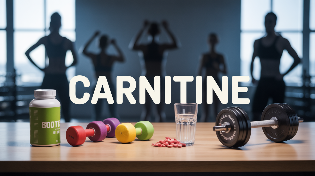 Compléments carnitine, shaker, haltère sur table de sport