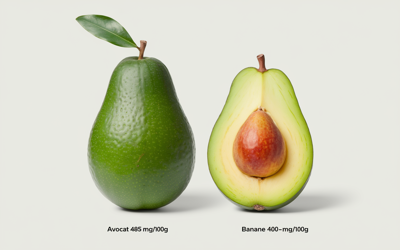 Avocat et banane, comparatif visuel potassium