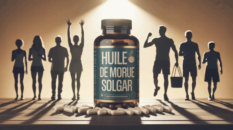 Huile de foie de morue Solgar, gélules et silhouettes famille sportifs seniors