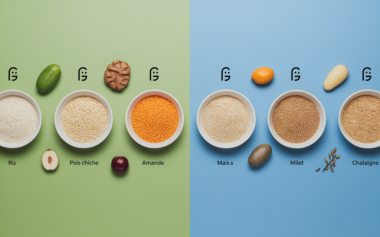 farines sans gluten avec IG en assiettes et grains visibles