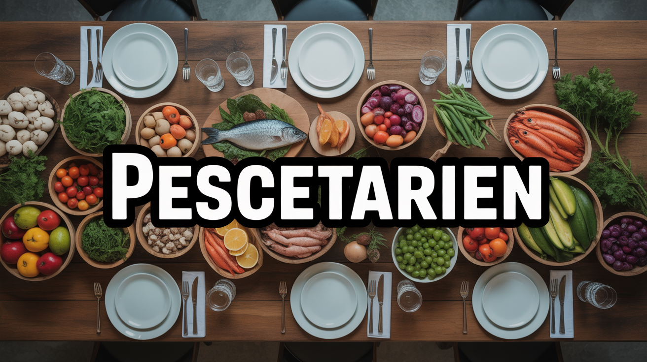 Table pescetarienne avec poisson, legumes et fruits de mer