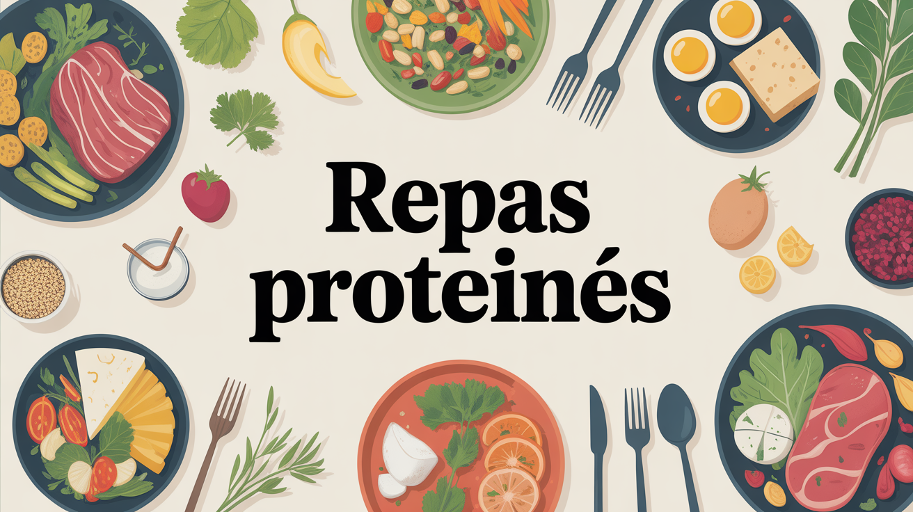 repas protéinés illustration assiette viande blanche légumes tofu quinoa oeufs