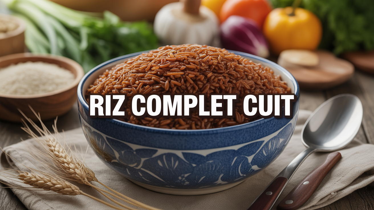 bol de riz complet cuit avec légumes colorés, vue du dessus
