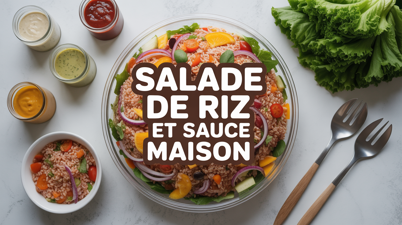 grande salade de riz colorée et sauces variées sur fond blanc