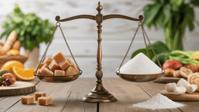 Balance avec sucre de canne et sucre blanc en epicerie bio