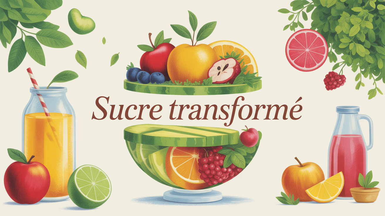 Illustration sucre transforme balance aliments naturels et fruits frais
