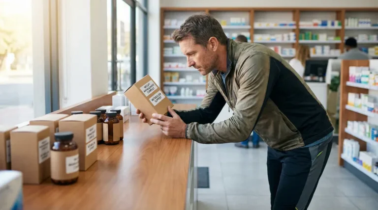 homme examine brûleur de graisse en pharmacie