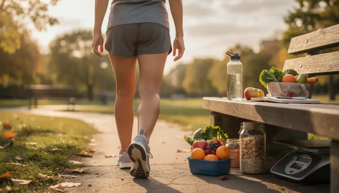 Femme active marche aliments sains perte de poids