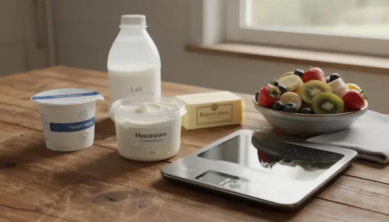 mascarpone calories sur table avec produits laitiers et fruits pour alimentation equilibree