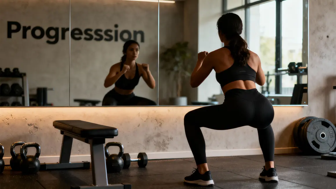 Femme mince squat devant miroir musculation