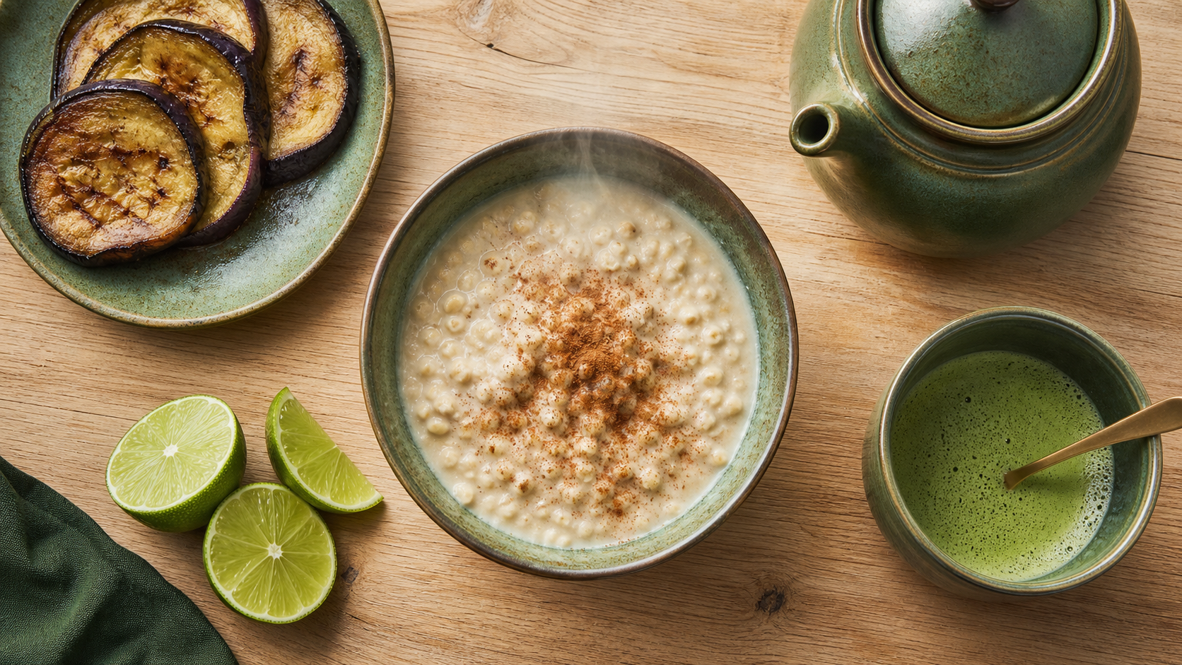 Aliments brûle graisse : avoine, matcha et cannelle sur table