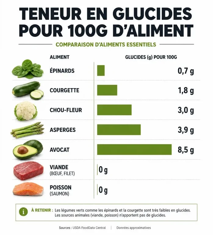 Infographie comparative de la teneur en glucides des aliments pauvres en glucide pour une alimentation saine
