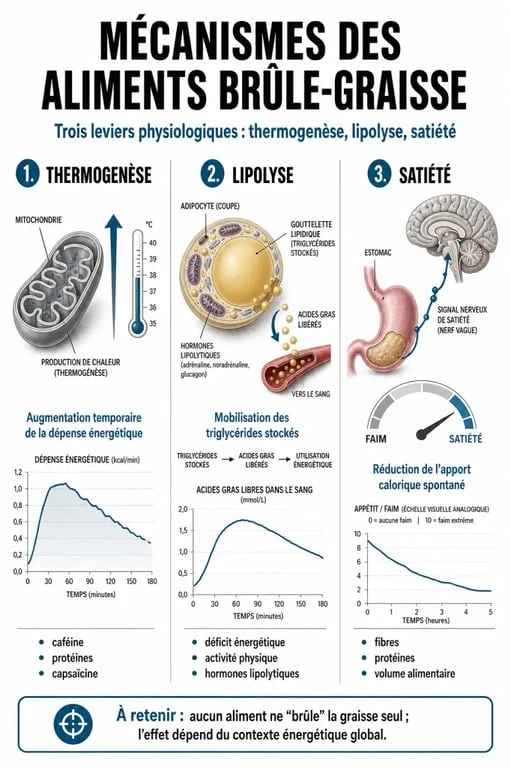 Infographie expliquant les mécanismes des aliments brûle-graisse et leur impact sur le métabolisme