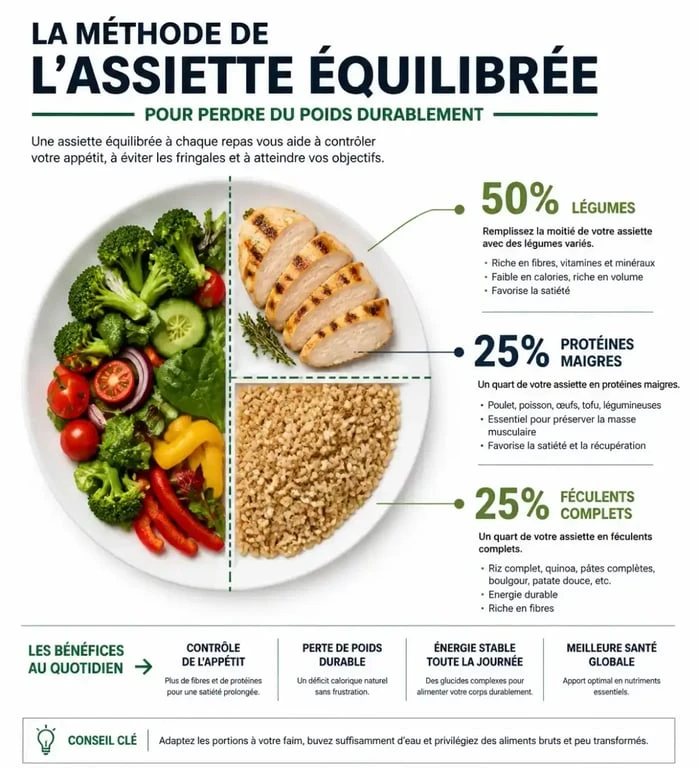 Infographie de la méthode de l'assiette équilibrée pour un plan alimentaire pour perte de poids