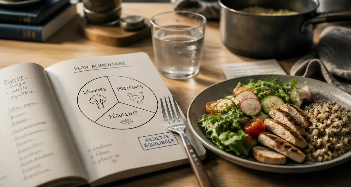 Plan alimentaire pour perte de poids : assiette idéale, légumes, protéines, féculents