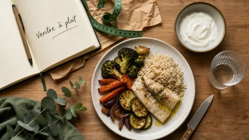 Maigrir du ventre alimentation : assiette fibres, protéines et bons gras