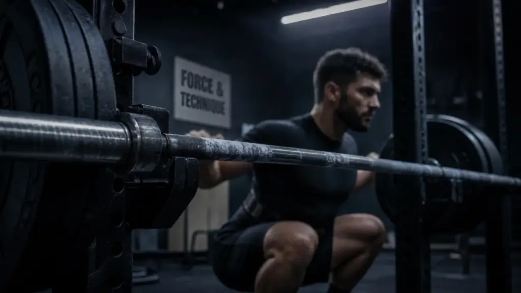 Musculation pour la force : barre olympique chargée en studio et squat