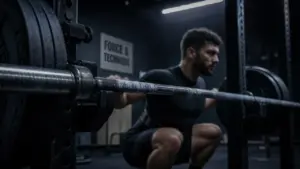 Musculation pour la force : barre olympique chargée en studio et squat