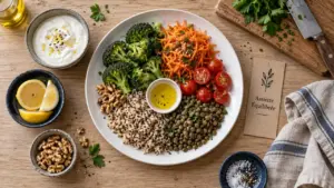 Aliment bon pour la santé : assiette équilibrée, légumes, lentilles, quinoa, huile de colza, noix