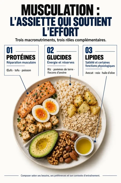 Nutrition pour la musculation : rôles des protéines, glucides et lipides dans une assiette équilibrée