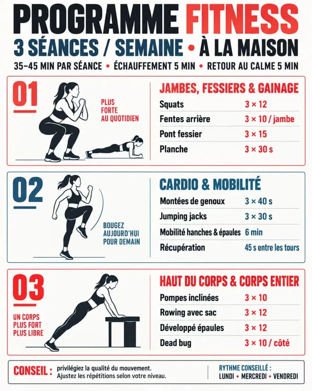 Programme de femmes fitness à la maison sur trois séances par semaine