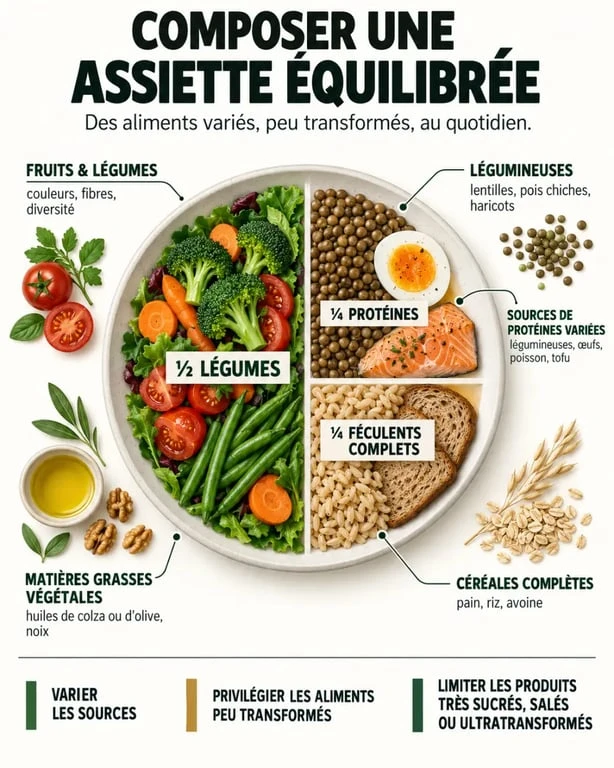 Infographie des aliments bons pour la santé et de l'assiette équilibrée