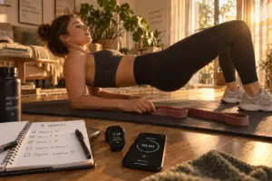 Femmes fitness : pont fessier à la maison, entraînement