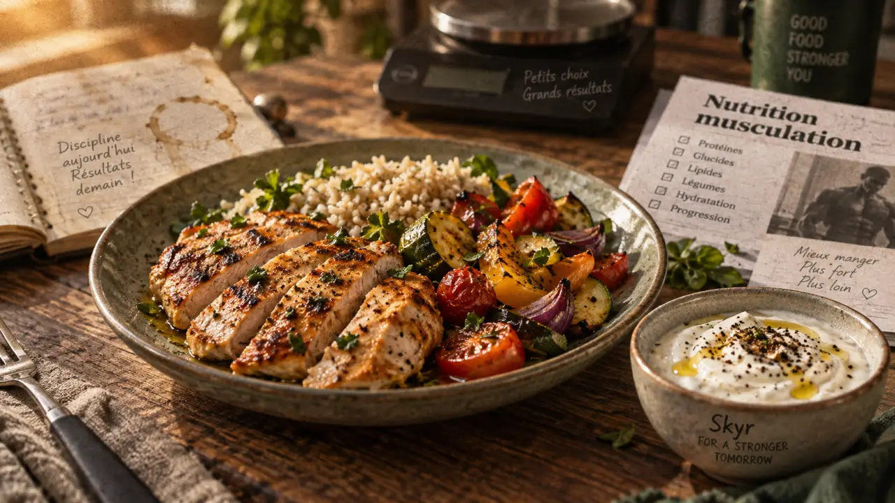Nutrition pour la musculation : assiette protéines, riz et légumes