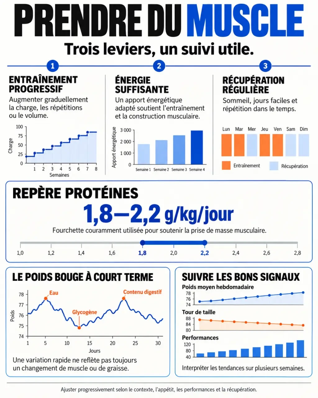 Infographie sur la prise de masse musculaire, les protéines, l’entraînement et le suivi de la progression