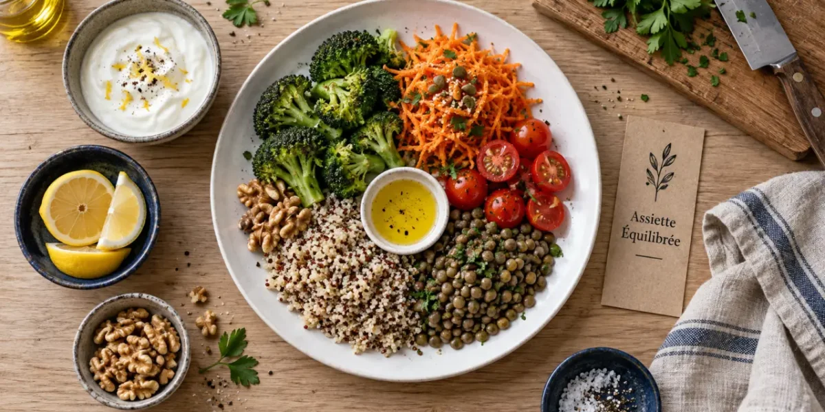 Aliment bon pour la santé : assiette équilibrée, légumes, lentilles, quinoa, huile de colza, noix