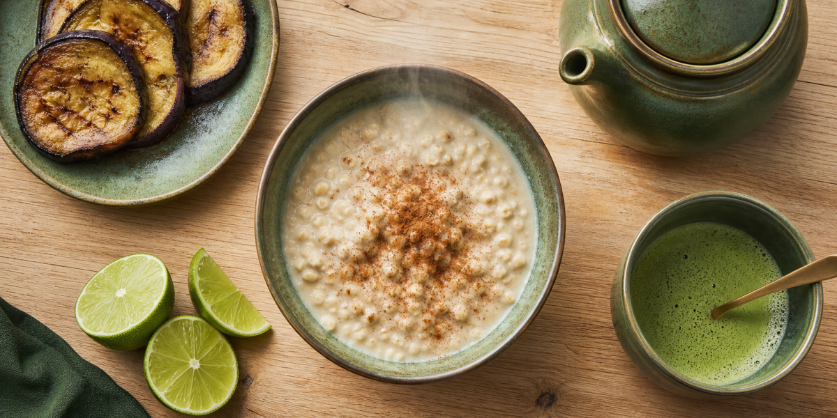 Aliments brûle graisse : avoine, matcha et cannelle sur table