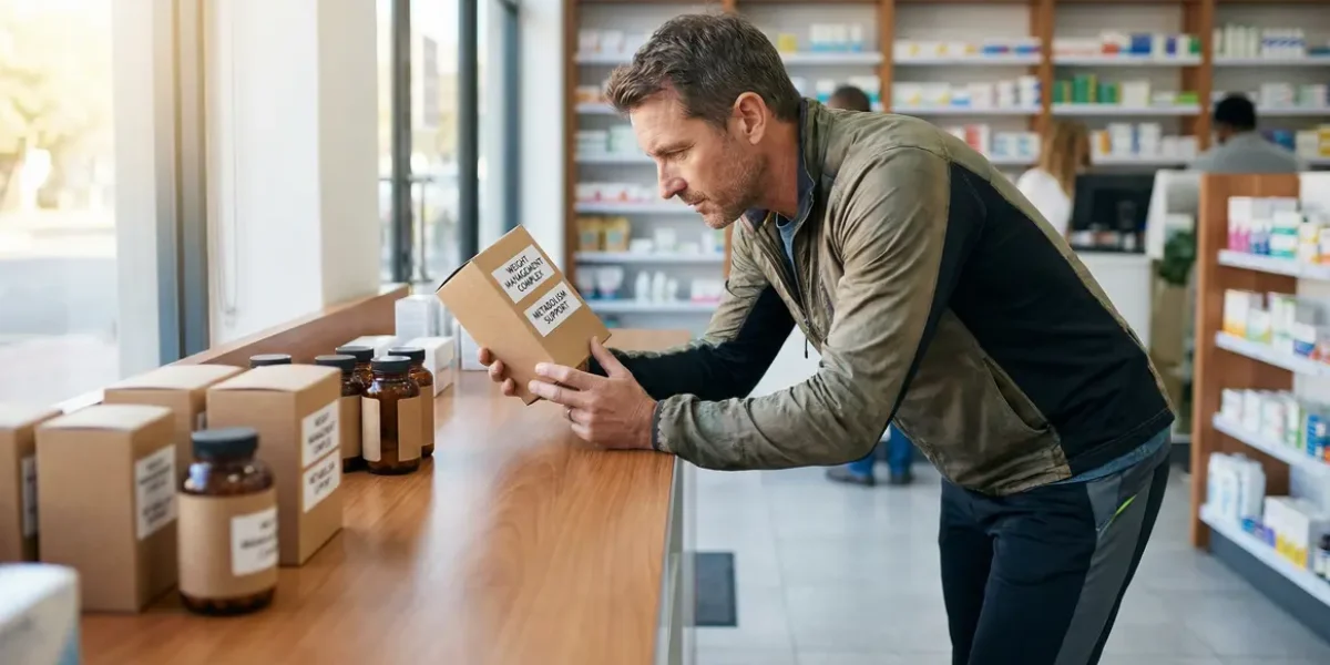 homme examine brûleur de graisse en pharmacie