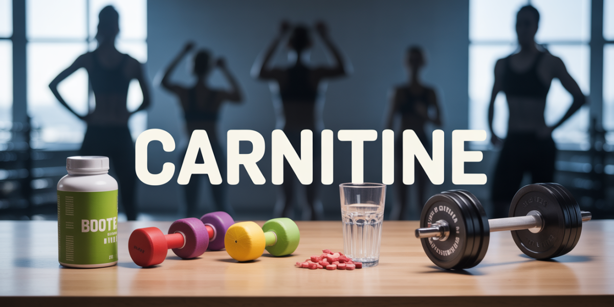 Compléments carnitine, shaker, haltère sur table de sport
