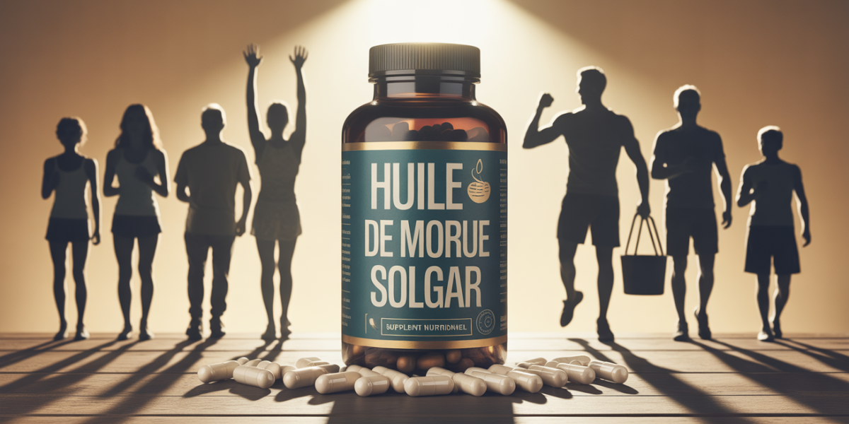 Huile de foie de morue Solgar, gélules et silhouettes famille sportifs seniors