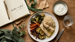 Maigrir du ventre alimentation : assiette fibres, protéines et bons gras