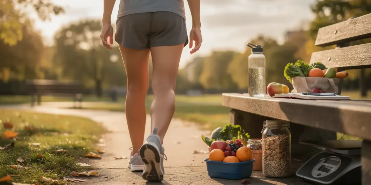 Femme active marche aliments sains perte de poids