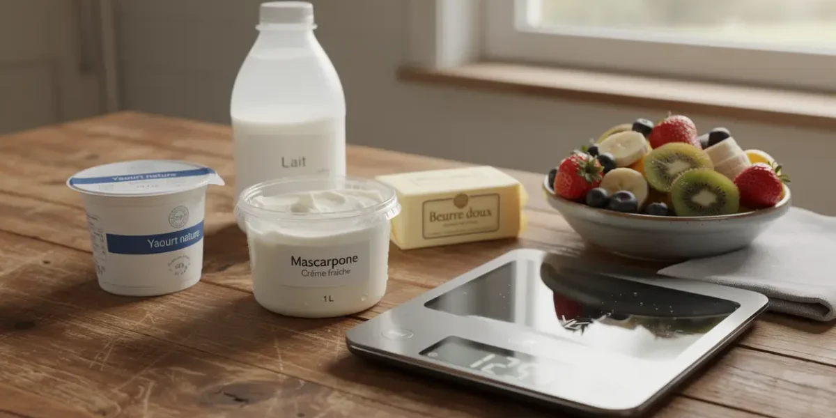 mascarpone calories sur table avec produits laitiers et fruits pour alimentation equilibree