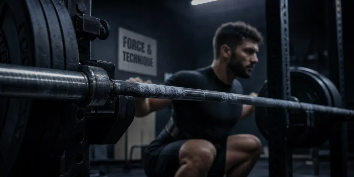Musculation pour la force : barre olympique chargée en studio et squat