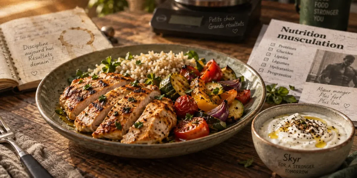 Nutrition pour la musculation : assiette protéines, riz et légumes