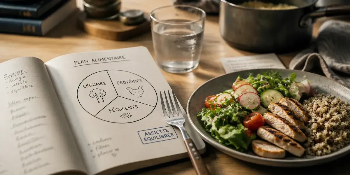 Plan alimentaire pour perte de poids : assiette idéale, légumes, protéines, féculents