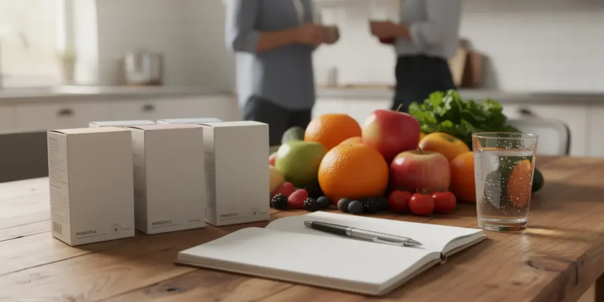 Table avec probiotiques fruits legumes et eau saine