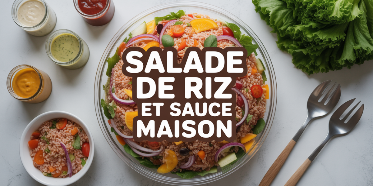 grande salade de riz colorée et sauces variées sur fond blanc