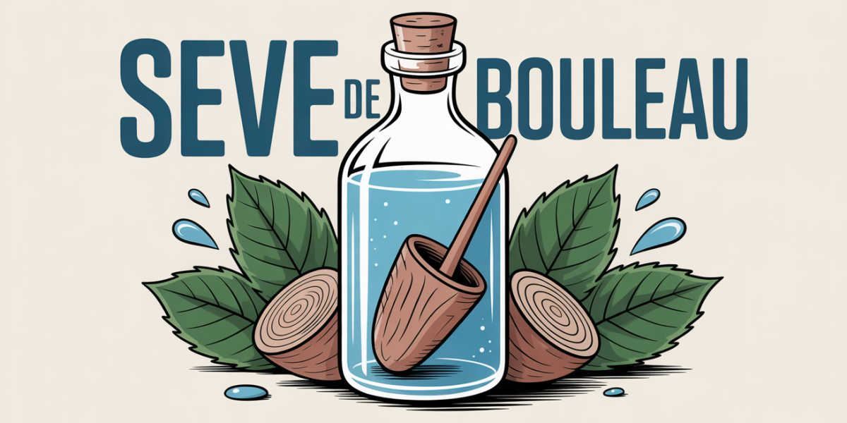 Bouteille seve de bouleau avec feuilles et gouttes
