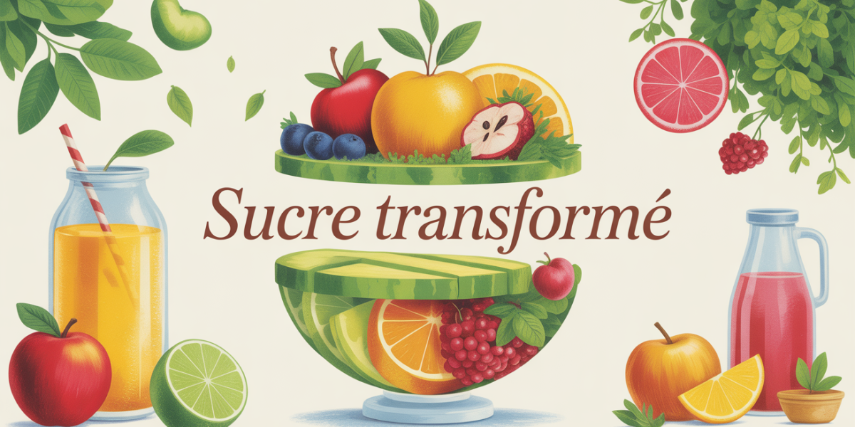 Illustration sucre transforme balance aliments naturels et fruits frais