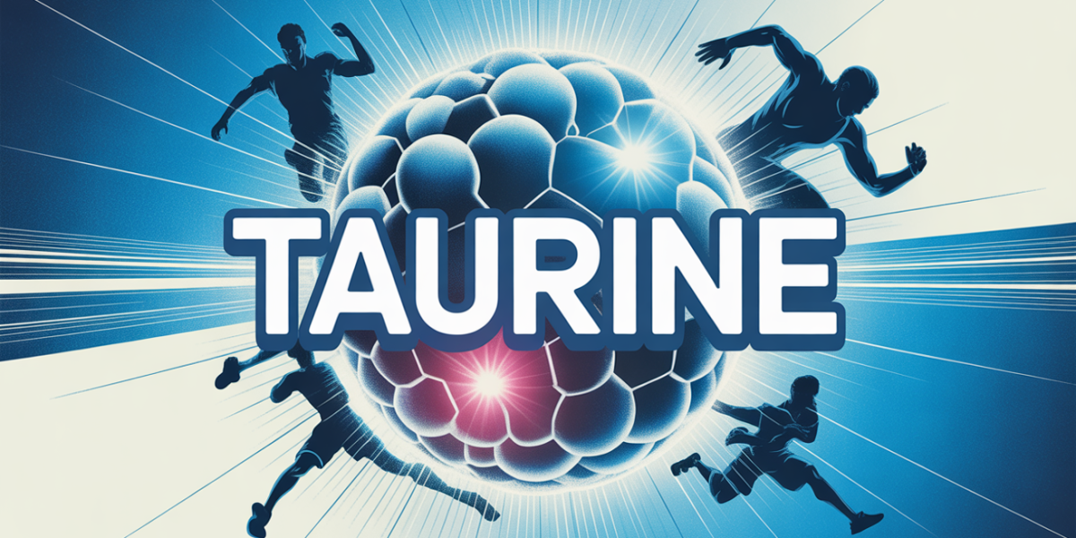 Visuel taurine molecule entourée de sportifs et effets lumineux