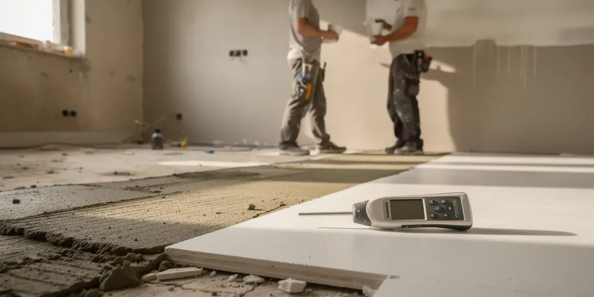 chantier intérieur plusieurs matériaux à différents temps de séchage